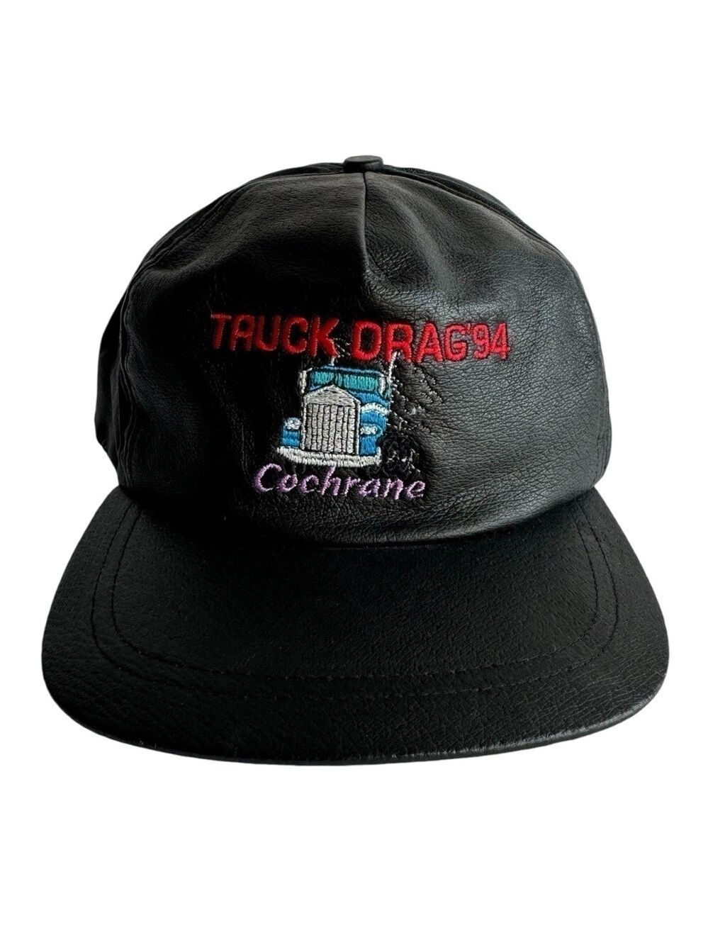 Vintage 1994 Leather Hat Truck Drag Cochrane Northern Ontario Retro 90s EUC